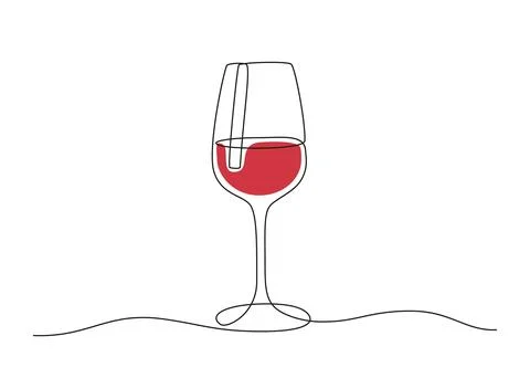 Continuous one line drawing of Wine glass. Red Drink in cup in doodle style Stock Illustration