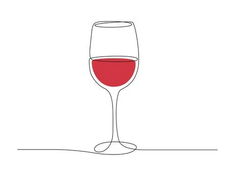 Continuous one line drawing of Wine glass. Red Drink in cup in simple linear Stock Illustration