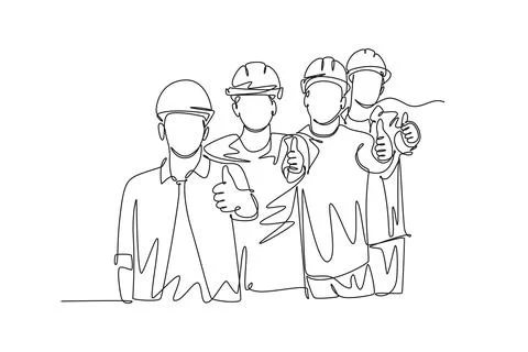 Continuous one line drawing of young happy male and female building builder.. Stock Illustration