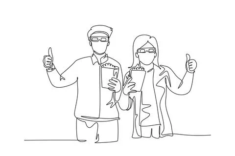 Continuous one line drawing young happy couple giving thumbs up gesture and.. Illustrazione stock