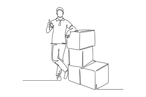 Continuous one line drawing young happy delivery man thumbs up while lift u.. イラスト素材
