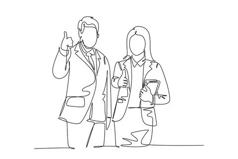 Continuous one line drawing young happy couple businessman and businesswoma.. Stock Illustration