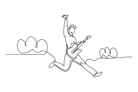 Continuous one line drawing young energetic guitarist jumping at stage and .. Stock Illustration