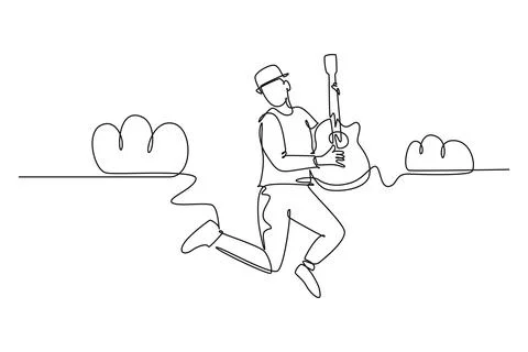 Continuous one line drawing young energetic guitarist jumping at stage and .. Stock Illustration