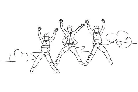 Continuous one line drawing young happy business man and business woman jum.. Stock Illustration
