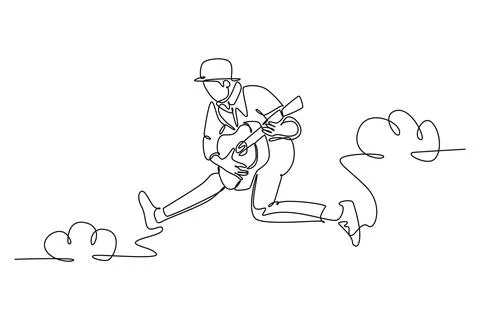 Continuous one line drawing young energetic guitarist jumping at stage and .. Stock Illustration
