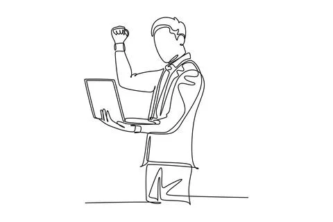 Continuous one line drawing of young happy CEO holding a laptop to read bus.. Stock Illustration