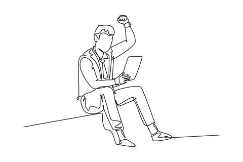 Continuous one line drawing of young happy CEO holding a paper containing b.. Stock Illustration