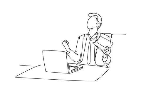 Continuous one line drawing of young happy CEO holding a paper containing b.. Stock Illustration