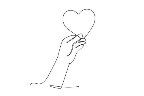 Continuous one line drawing young happy female hand holding cute heart shap.. Ilustración de archivo