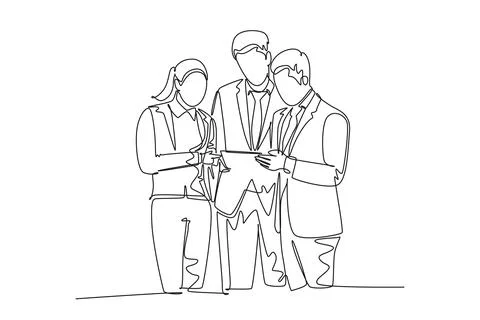 Continuous one line drawing of young happy male and female workers talking .. Stock-Illustration