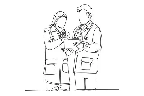 Continuous one line drawing young smart male and female doctor discussing a.. Stock Illustration