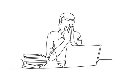 Continuous one line drawing young sleepy startup CEO fall asleep on laptop .. Stock Illustration
