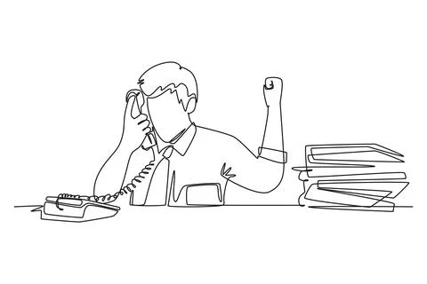 Continuous one line drawing young bored male worker receiving phone call fr.. Stock-Illustration