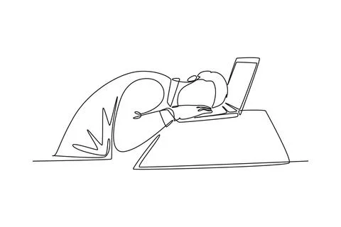 Continuous one line drawing young sleepy male worker fall asleep on laptop .. Illustrazione stock