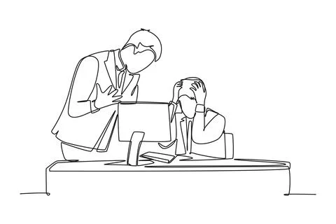 Continuous one line drawing of young furious manager blaming his frustrated.. Stock-Illustration