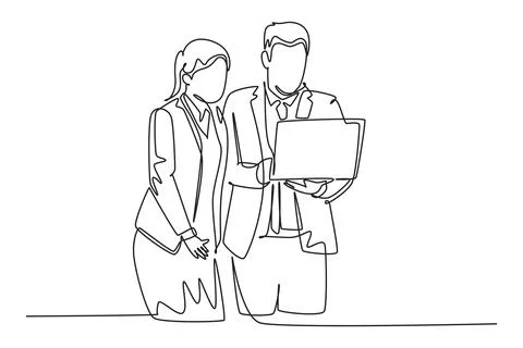 Continuous one line drawing of young male and female employee discussing wo.. Stock Illustration