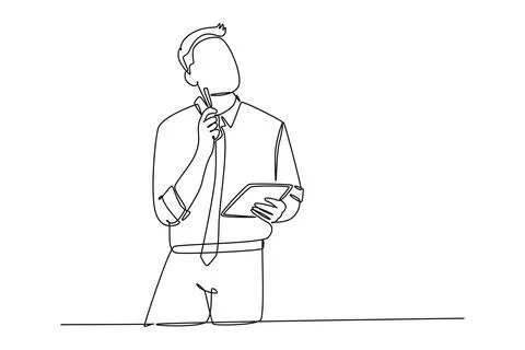Continuous one line drawing of young manager focus thinking about his caree.. Stock Illustration