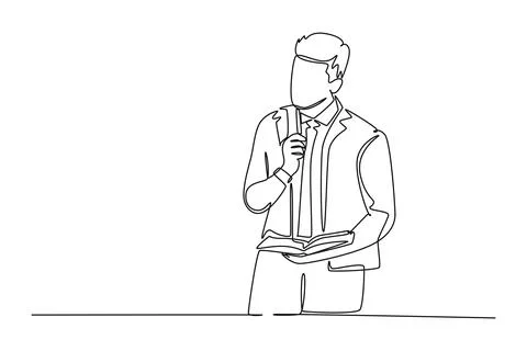 Continuous one line drawing young manager standing and looking up far away .. Stock Illustration