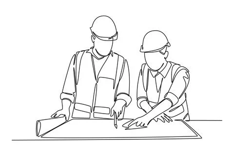 Continuous one line drawing young architect explaining sketch construction .. Stock Illustration