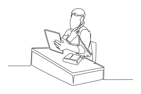 Continuous one line drawing young male manager reading company annual repor.. Stock Illustration