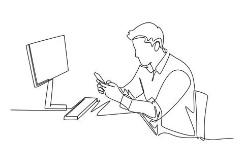 Continuous one line drawing young manager typing message on smartphone and .. Stock Illustration