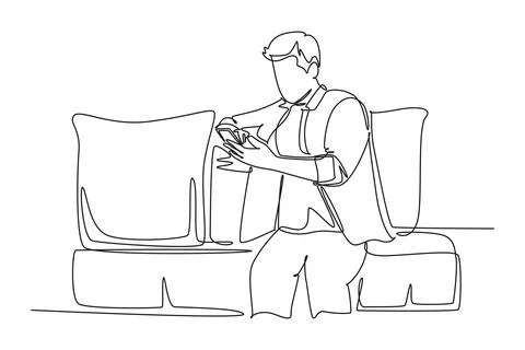 Continuous one line drawing of young relax business man sitting on sofa whi.. イラスト素材
