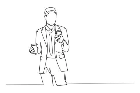 Continuous one line drawing young startup CEO holding smartphone to chat in.. Stock-Illustration
