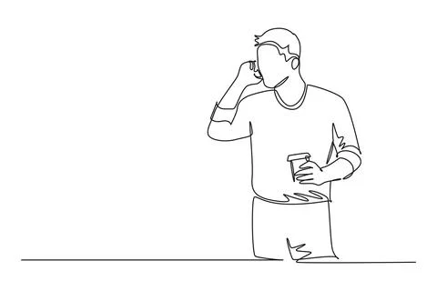 Continuous one line drawing young business man holding cup of coffee while .. イラスト素材
