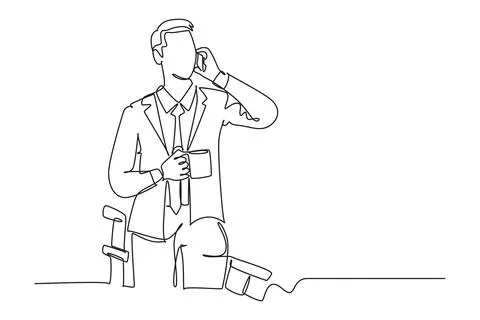 Continuous one line drawing of young male business owner get a phone call f.. Stock Illustration