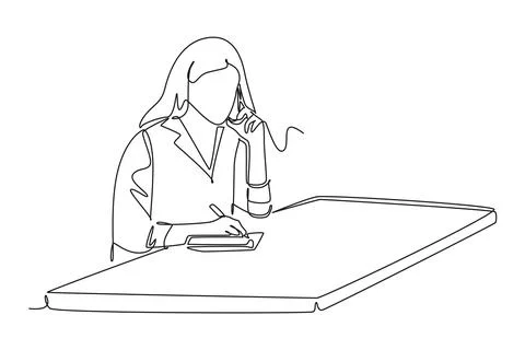 Continuous one line drawing young active businesswoman writing on a piece o.. Stock Illustration