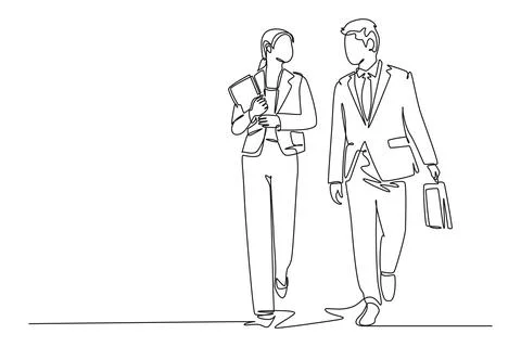 Continuous one line drawing of young couple male and female managers discus.. Stock Illustration