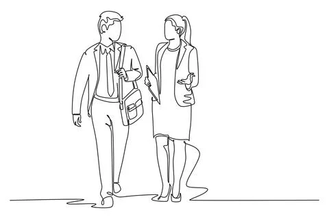 Continuous one line drawing young couple male and female employees discussi.. Stock Illustration