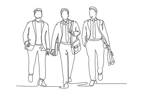 Continuous one line drawing young happy businessmen walking together and di.. Stock Illustration