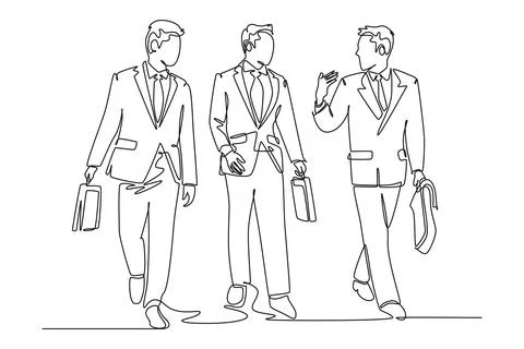 Continuous one line drawing of young happy male sales managers walking toge.. Stock Illustration