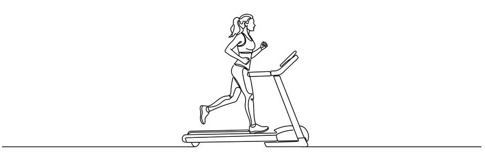 Continuous one line drawing of young woman working out speed running on tre.. Stock Illustration