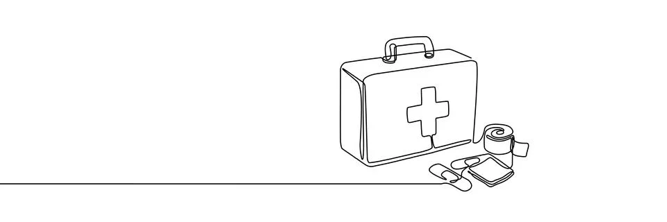 Continuous one line first aid kit emergency medical pharmacy health. First イラスト素材