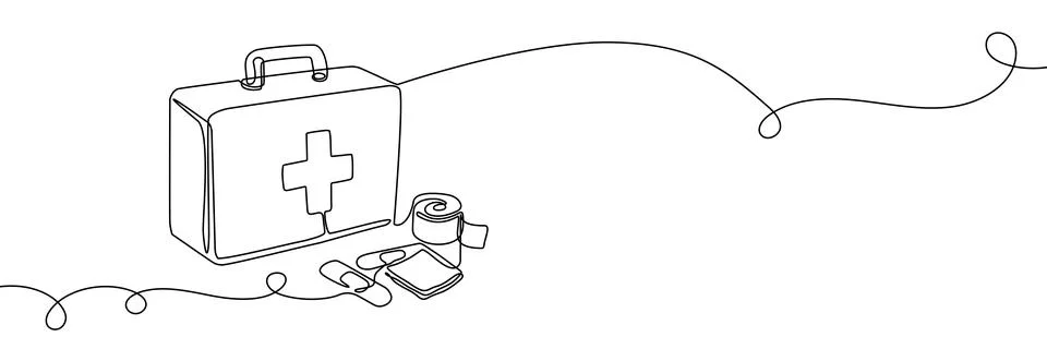 Continuous one line first aid kit emergency medical pharmacy health. First イラスト素材
