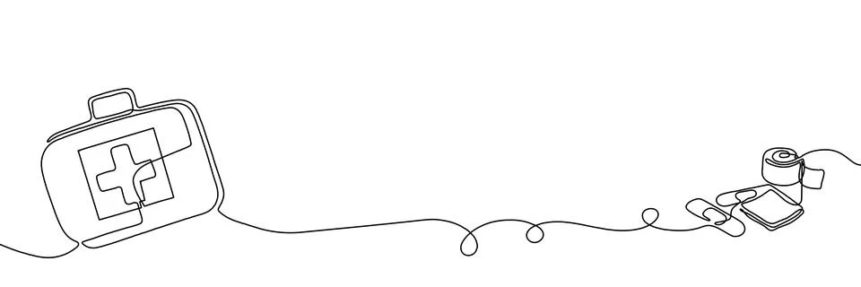 Continuous one line first aid kit emergency medical pharmacy health. First イラスト素材
