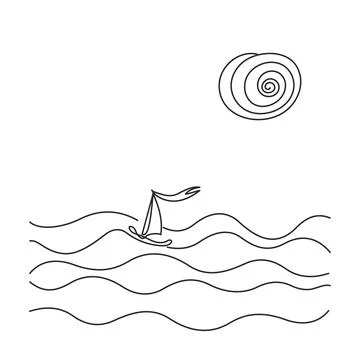 Continuous one line hand drawing. Sea landscape art. Boat in Stock Illustration
