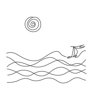 Continuous one line hand drawing. Sea landscape art. Boat in Stock Illustration