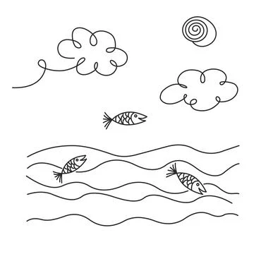 Continuous one line hand drawing. Sea landscape art. Boat in Stock Illustration
