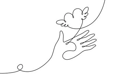 Continuous one line hand heart care health love art support volunteer. Hand Stock Illustration