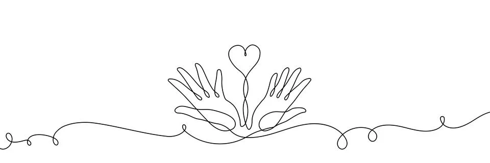 Continuous one line hand heart care health love art support volunteer. Hand Stock Illustration