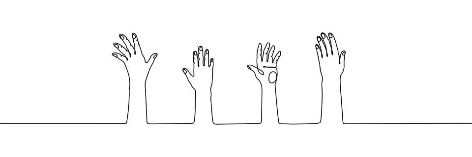 Continuous one line hand volunteer draw doodle up group drawing. Arm hand up Stock Illustration