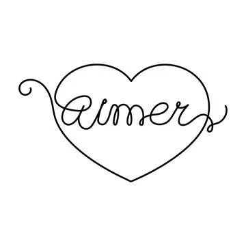 Continuous One Line heart and script cursive text aimer (love in French). Vec Illustrazione stock