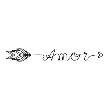 Continuous One Line lettering amor (love in Spanish) in the form of an arrow. Stock Illustration