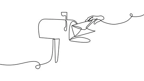 Continuous one line mailbox mail box cartoon card letter drawing. Mailbox mail Stock Illustration