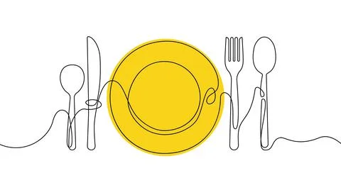 Continuous one line plate. Hand drawn linear tableware spoon fork knife icons Stock Illustration