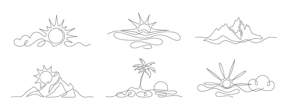 Continuous one line sun with clouds, tropical landscape with liner mountains Illustrazione stock